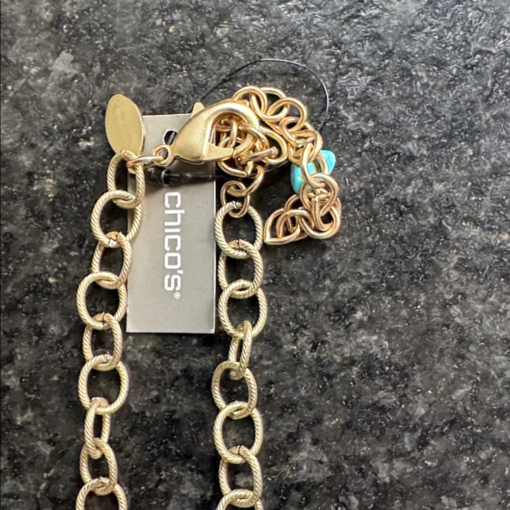 😊Chico's Turquoise Beaded Coin Drop Necklace with Gold Accents - Picture 2 of 7